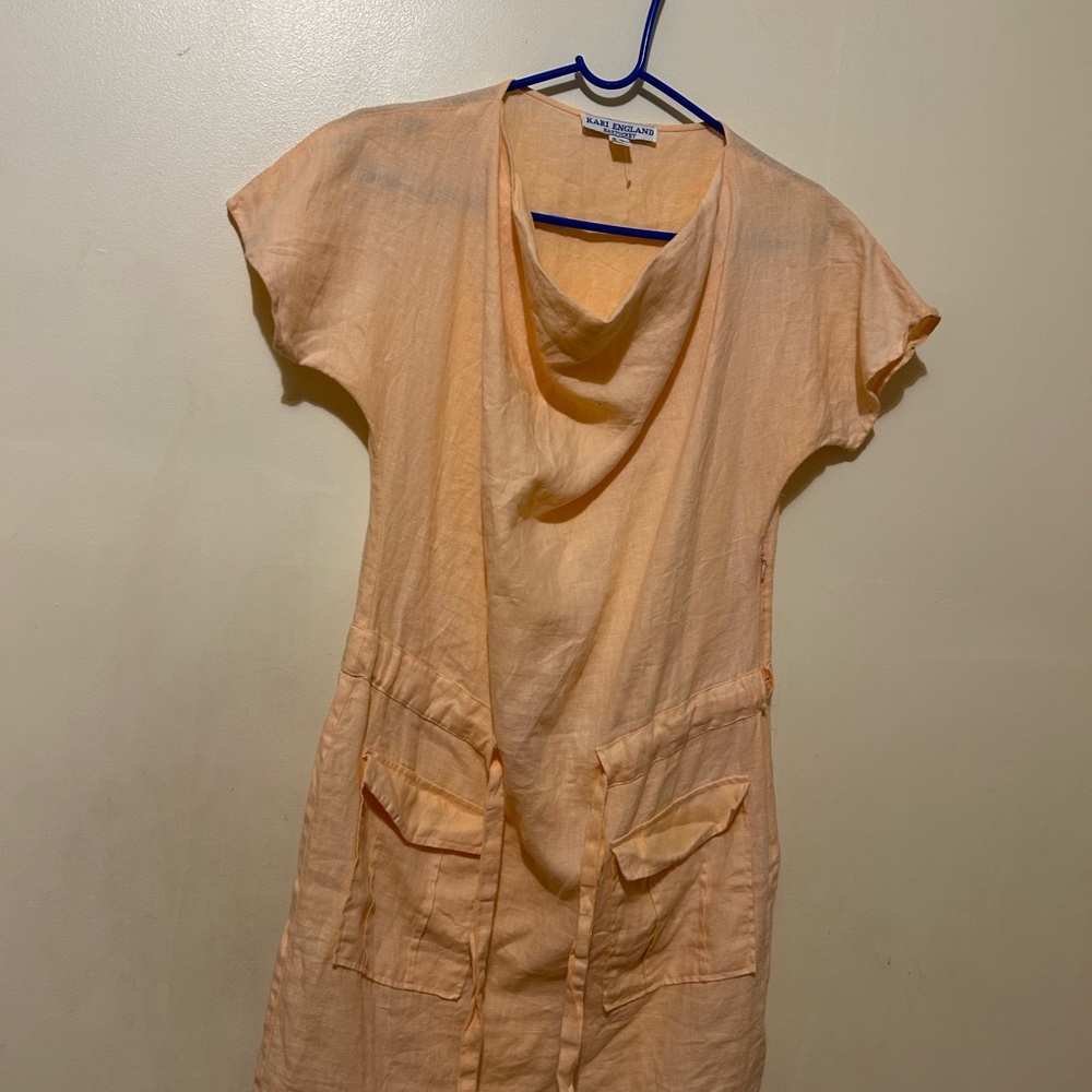 Kari England Peach Linen Sz small Dress with Cowl Neck Waist Adjustable Lace
